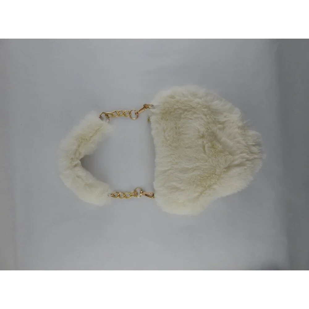 White Faux Fur Heart Purse Hand Bag Gold Chain Strap Zipper Closure - Picture 2 of 4